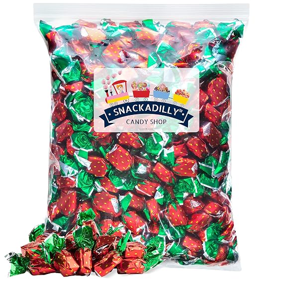 Strawberry Hard Candy 2Lb Bulk Bag - Red & Green Wrapped Bon Bons - Freshly Packaged By Snackadilly.
