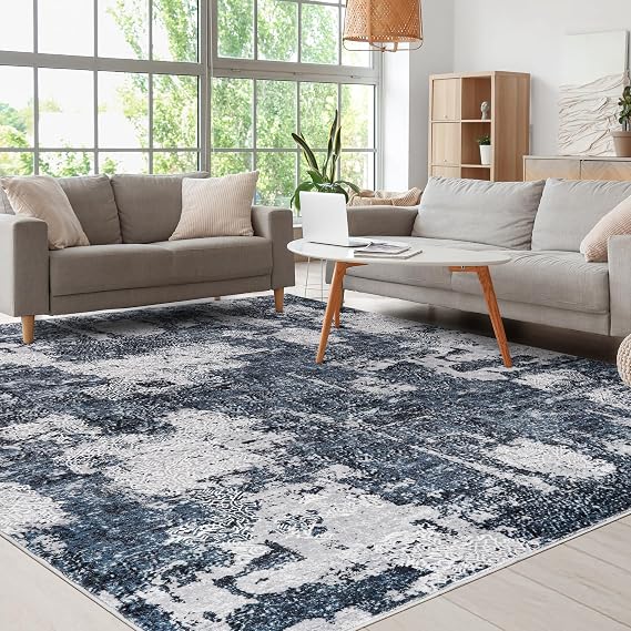 Modern Abstract Area Rug, 9x12 Washable Rugs for Living Room Bedroom Office Floor Rug Dining Room Indoor Accent, Soft Thin Throw Rug Floor Carpet for Kids Pet (Navy Blue/White)