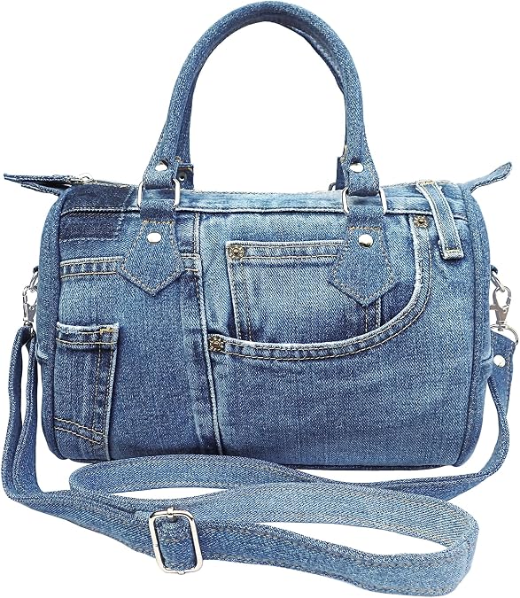 Handmade Upcycled Denim Compact Crossbody Handbag for Women (Medium-Tone) | Lightweight Blue Jean Satchel Purse with Adjustable Strap and Top Handle for Daily Use, Approx. 10 x 8 x 5.5 In.