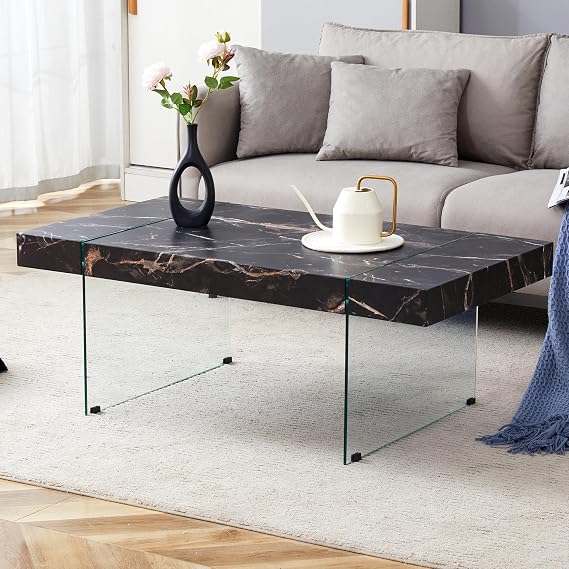 Modern Coffee Table for Living Room,Black Rectangle Coffee Table,43.3 Glass Center Table with Marble Pattern MDF Tabletop and Tempered Glass Legs, Display Stand