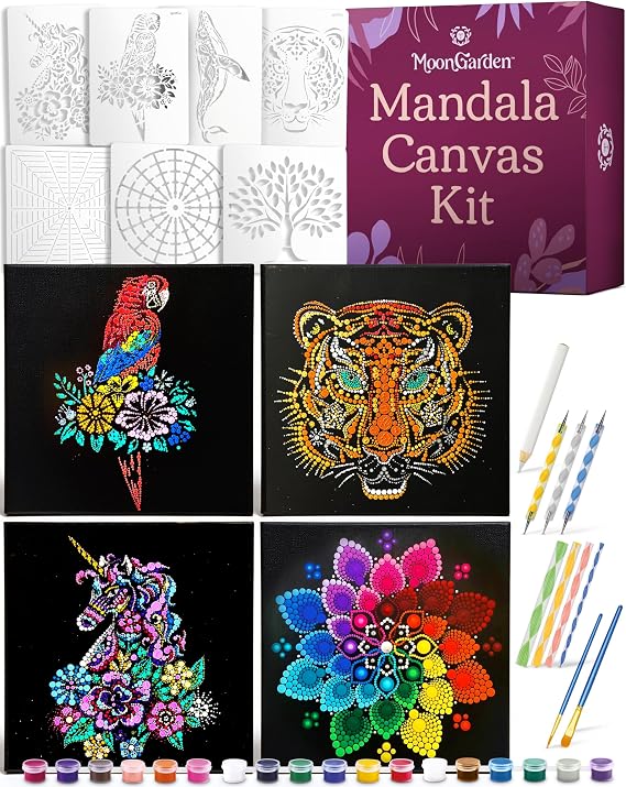 MoonGarden Mandala Dot Painting Canvas Kit Complete Canvas Art Set with Stencils, Acrylic Paint, Dotting Tools & Canvases Mindful DIY Craft Kit for Adults - Relaxing and Creative Activity