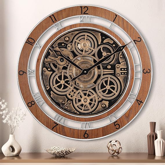 Lafocuse 21 Inch Large Steampunk Wall Clock with Moving Gears Wooden Brown