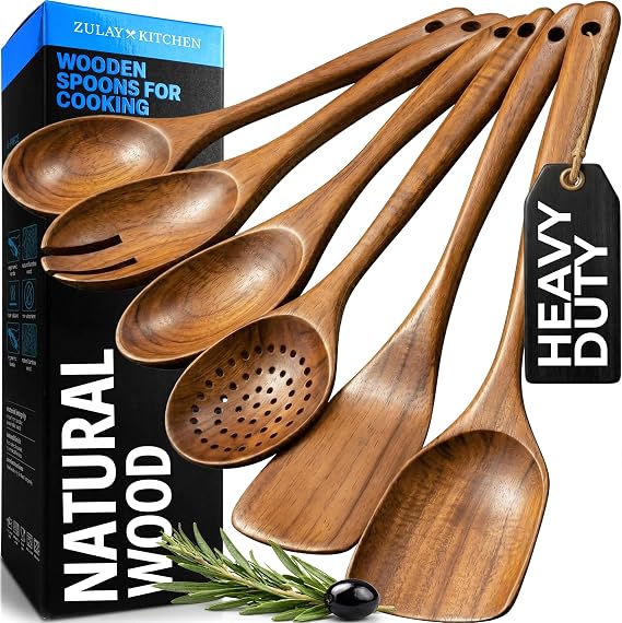 Zulay Kitchen 6 Piece Wooden Spoons for Cooking Natural Teak Wooden Utensil Set, Easy to Clean, Durable, Smooth with Comfort Grip - Non Toxic Wooden Cooking Utensil Sets