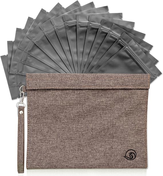 Smell Proof Stash Bag 11x9 Inches with 15 Resealable Reusable Container Bags 4x6 Inches - Heavy Duty Carbon Lined Odor Free Storage Pouch to Contain and Eliminate Scent (Brown)