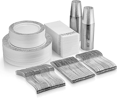 350 Piece Silver Dinnerware Set - 50 Guest Silver Lace Design Plastic Plates - 50 Silver Plastic Silverware - 50 Silver Cups - 50 Linen Like Silver Napkins, 50 Guest Disposable Silver Dinnerware Set