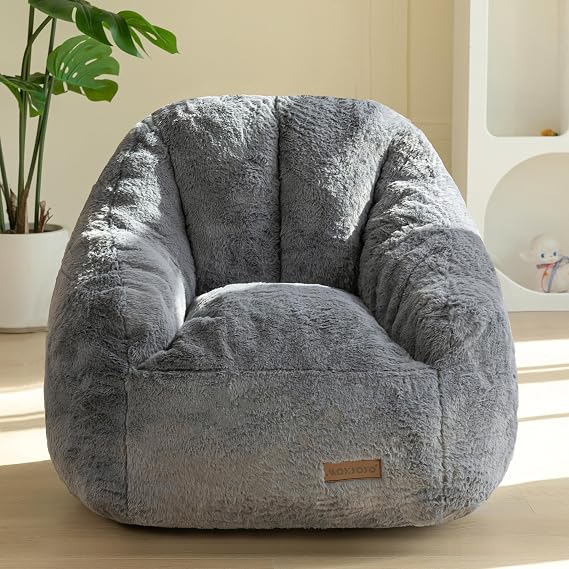 MAXYOYO Kids Bean Bag Chair, Comfy Bean Bag Sofa with Back Support, Faux Fur Cute Chair for Boys and Girls, Stuffed Floor Sofa for Nursery, Bedroom, Grey