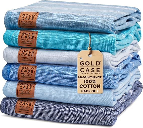 Gold CASE LYCIA Turkish Beach Towel Set of 6 100% Cotton Turkish Beach Towels Bulk 70 x 38'' LYCIA Oversized, Quick Dry & Sand Free Beach Towel Lightweight Towels Set in Tones of Blue