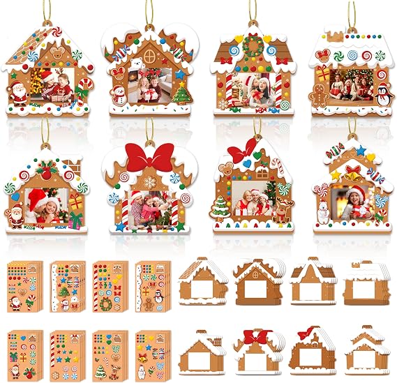 EASUTE 32 Pack Christmas Picture Frame Craft Kits - DIY Gingerbread House Photo Frame Hanging Ornaments for Xmas Tree Holiday Decorations, Classroom Activities & Home Art Projects