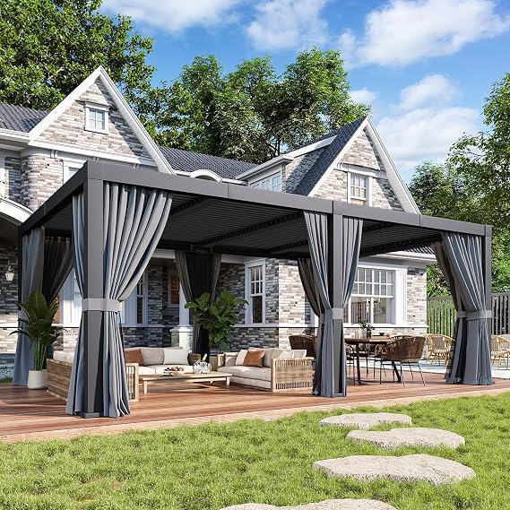 Louvered Pergola 12ft x 20ft Outdoor Aluminum Pergola with Adjustable Top for Decks, Gardens and Backyards, Gray