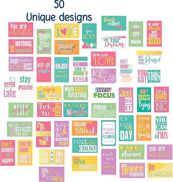 Motivational Quote Cards - 50 Unique Designs Positive Affirmations Notes - 2 x 3.5 Business Card Size Kindness Encouragement Inspirational Gratitude Just Because Appreciation Cards