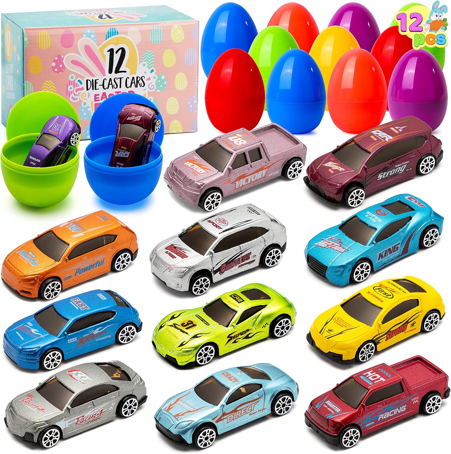 JOYIN 12 Pcs Die-Cast Car Filled Big Easter Eggs, Bright Colorful Prefilled Plastic Eggs with Different Die-cast Cars for Kids Boys Egg Hunt, Basket Stuffers and Party Favors