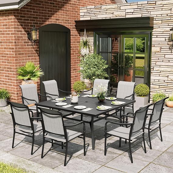 MIXPATIO 9pc Patio Dining Set, 57.5" Square Table, 8 Textilene Chairs