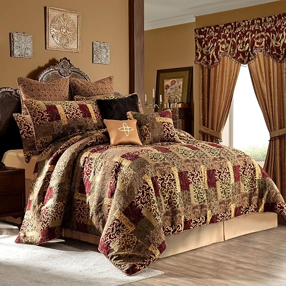 Loom and Mill 9-Piece Jacquard Comforter Set, Luxury Traditional Patchwork Comforter Queen Sets, Ultra Soft Bedding with Euro Shams, Bedskirt, Filled Decorative Pillow for Bedroom (Red Gold, Queen)