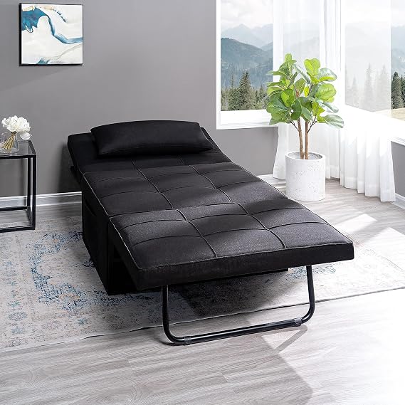 Naomi Home 4-in-1 Folding Chair Bed, Space-Saving Convertible Sleeper Sofa for Apartments & Guest Rooms, Adjustable Backrest, Linen Fabric, Includes Support Pillow in Black