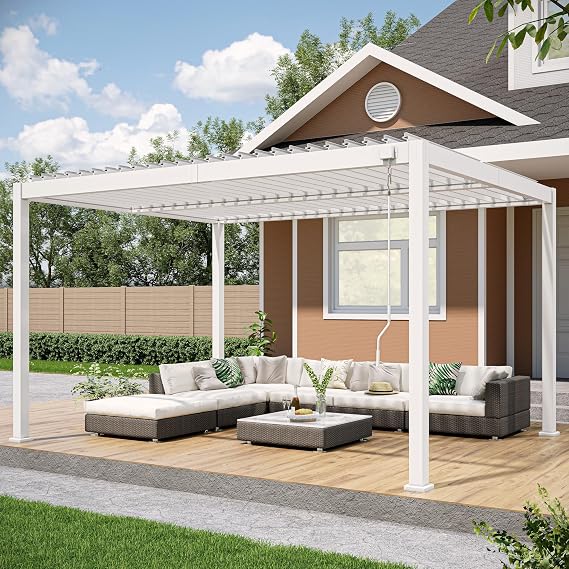 Louvered Pergola, 10 x 13 Aluminum Pergola, Outdoor Modern Design with Adjustable Roof and Hidden Drainage System, Durable for Garden, Yard, Deck