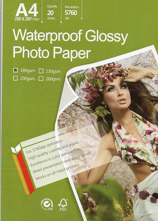 Great Premium Quality Photo Glossy White Paper 8.3"x11.7" A4 Size 20 sheets weight 180gsm. Dries Quickly Excellent Price Much better finish colors Best Look Pictures print for all inkjet printer
